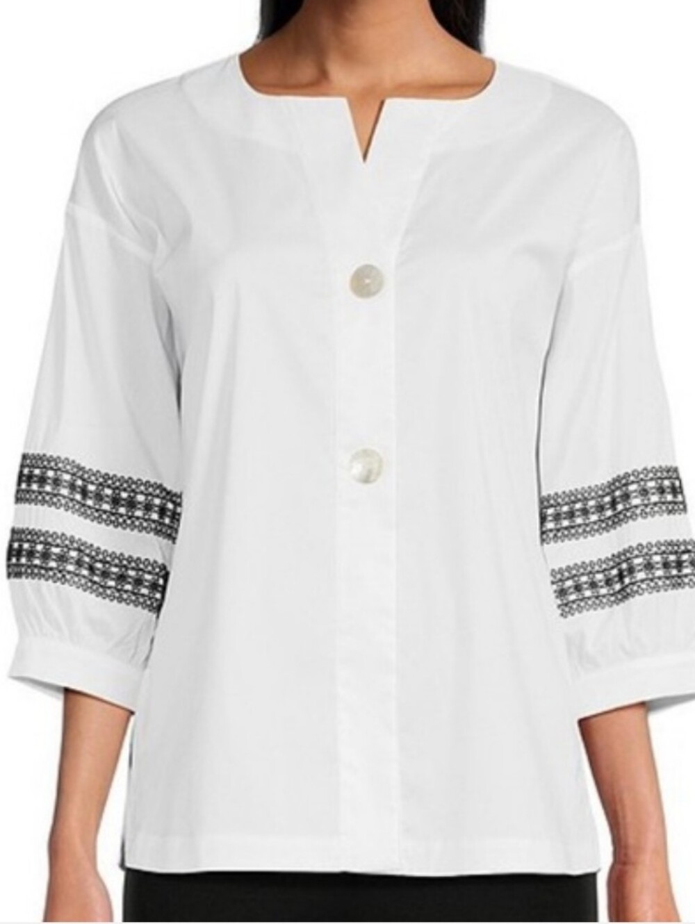 Ming Wang Cotton Poplin V-Neck 3/4 Embroidery Trim Sleeve Button Front Top